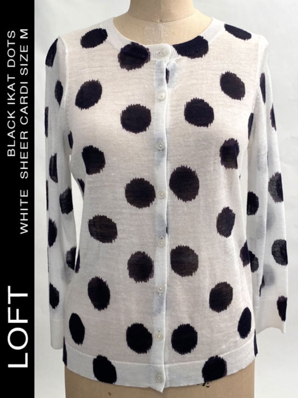 LOFT Black Ikat Dot White Sheer Cardi Size M